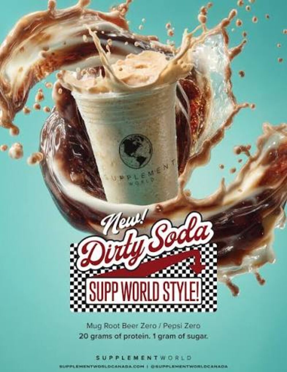 Supplement World Dirty Soda, Supp World style, with 20 grams of protein and 1 gram of sugar