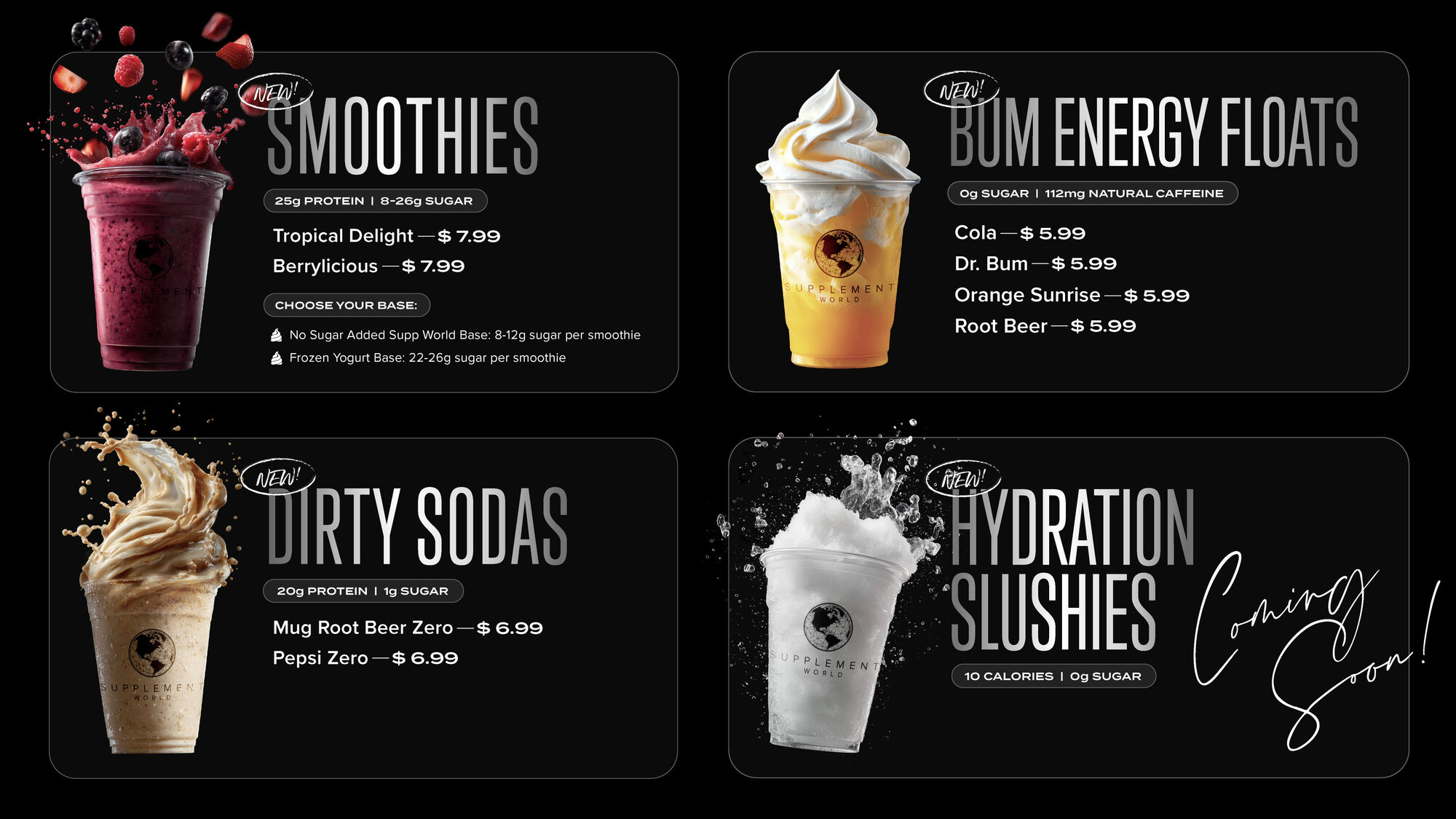 Supplement World shake bar menu board listing Smoothies, Bum Energy Floats, Dirty Sodas and Hydration Slushies with prices and nutrition information