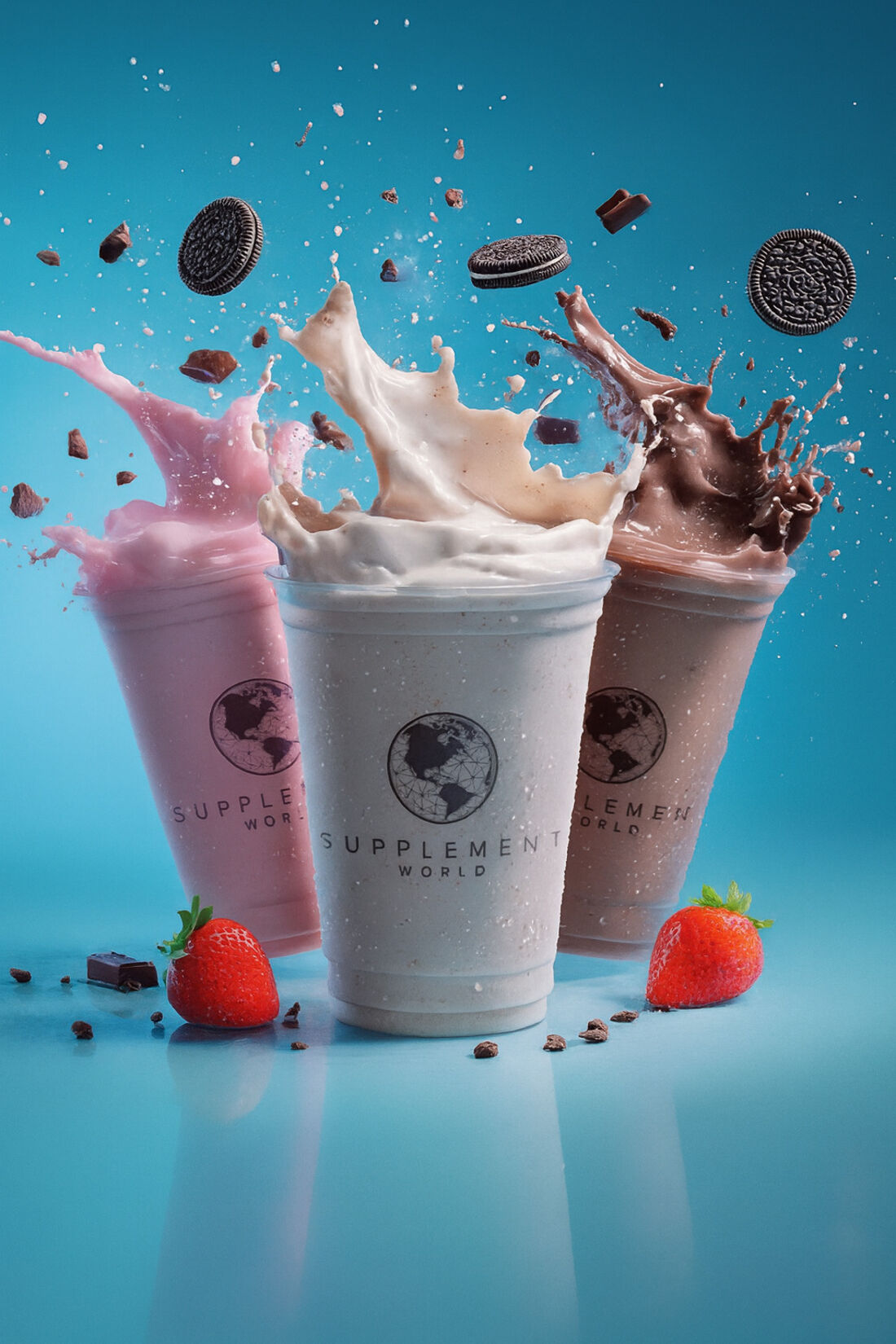Three Supplement World shakes in branded cups, strawberry, vanilla and chocolate
